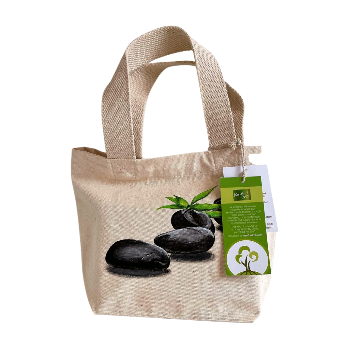 Petit sac beige en coton bio avec des pierres noires zen peintes à la main par Elles et No.