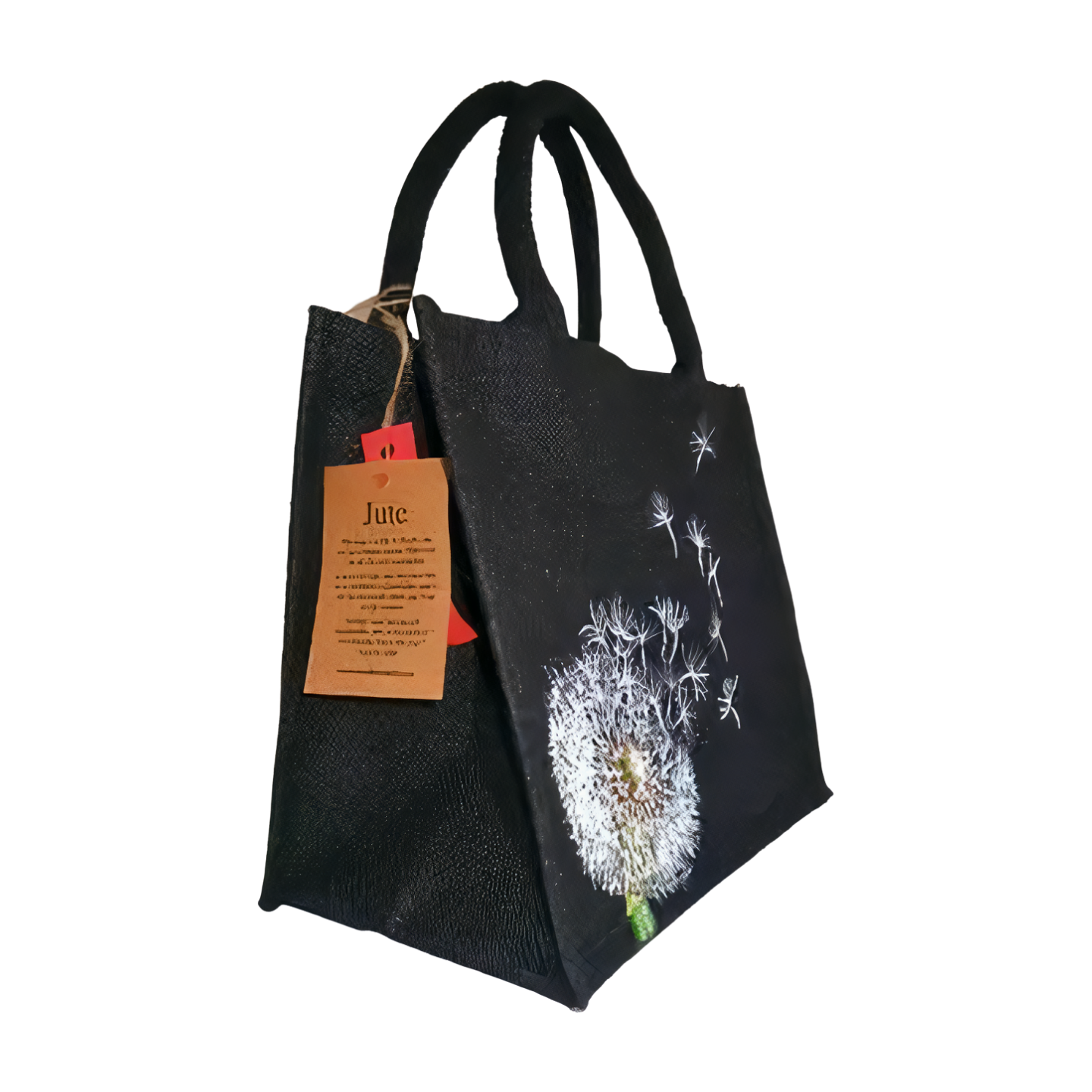 Sac en  jute noire avec fleur de pissenlit, dandelion peinte à la main par Elles et No.