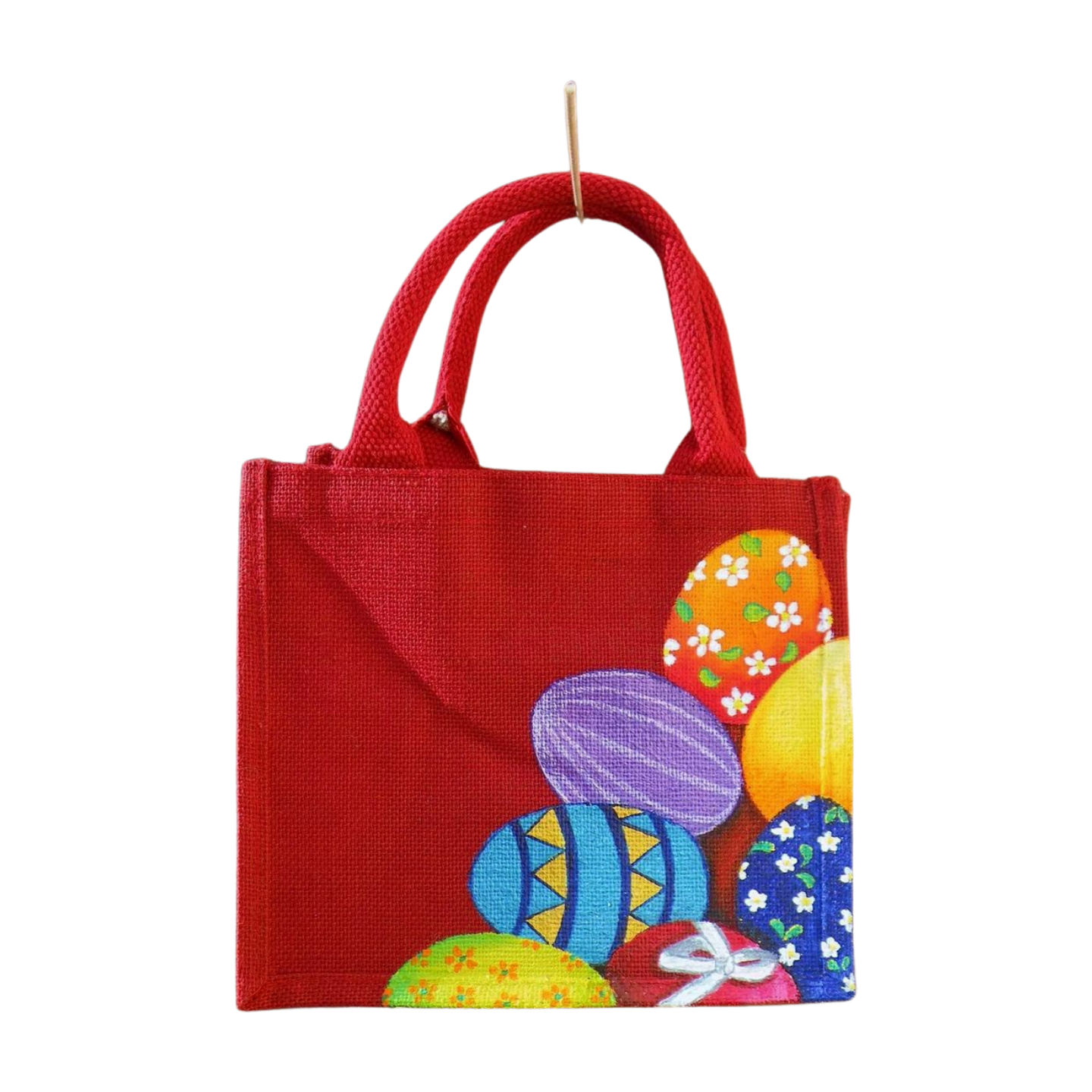 Sac jute rouge avec oeufs de Pâques peints à la main par Elles et No.