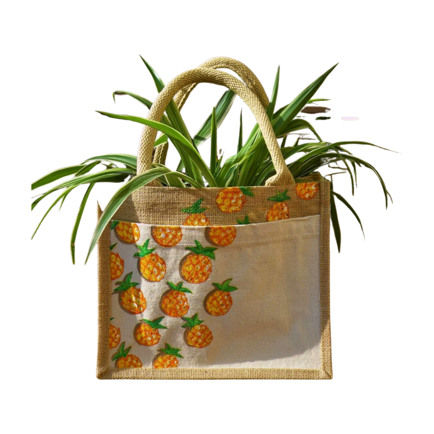 Sac jute et coton avec poche, ananas peints à la main par Elles et No.