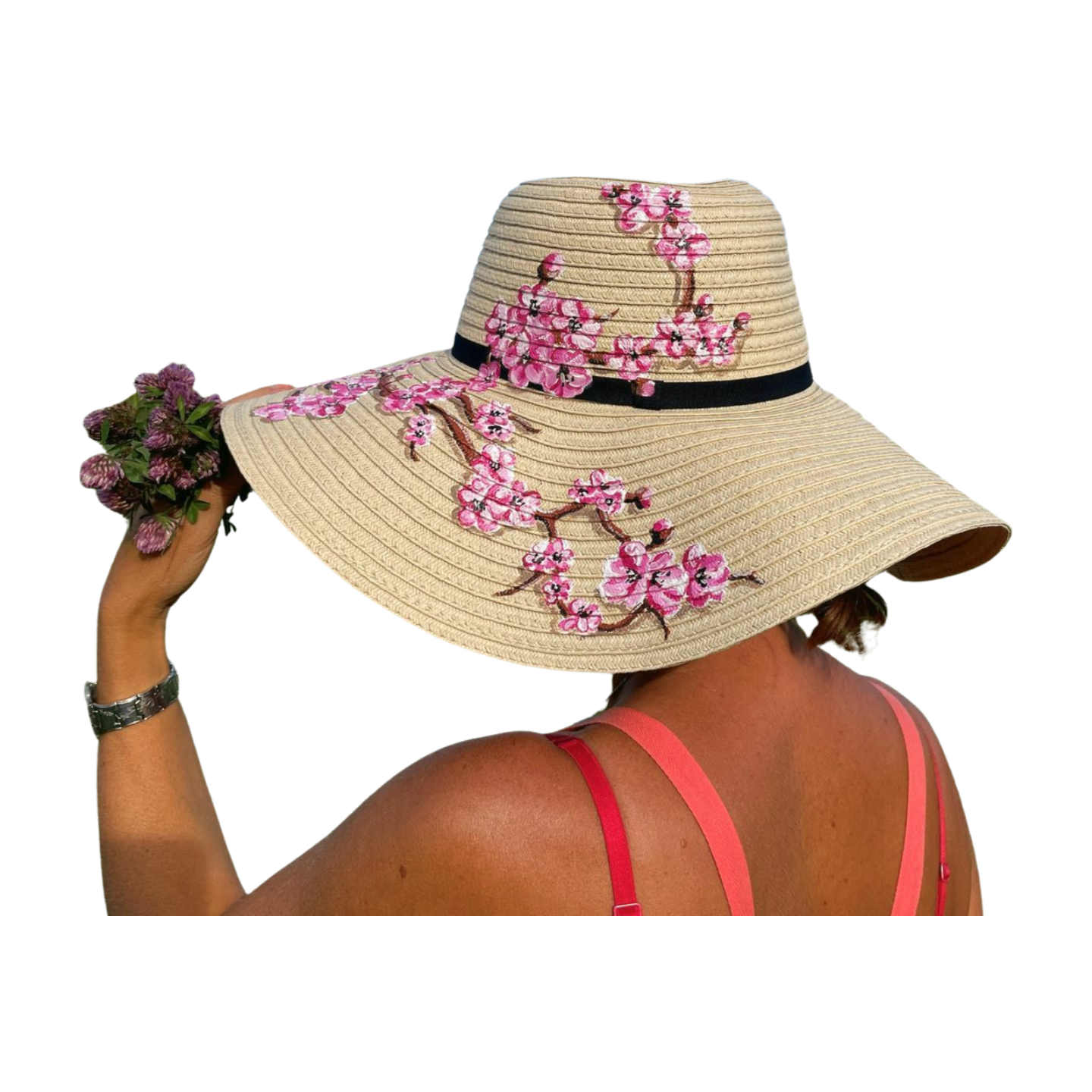 Chapeau femme papier tissé avec fleurs de cerisier peintes à la main