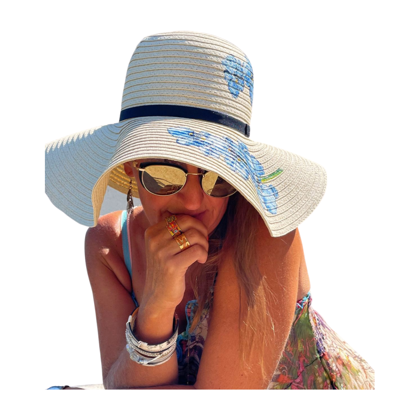 Chapeau papier tissé pour femme avec orchidées peintes à la main par Elles et No.