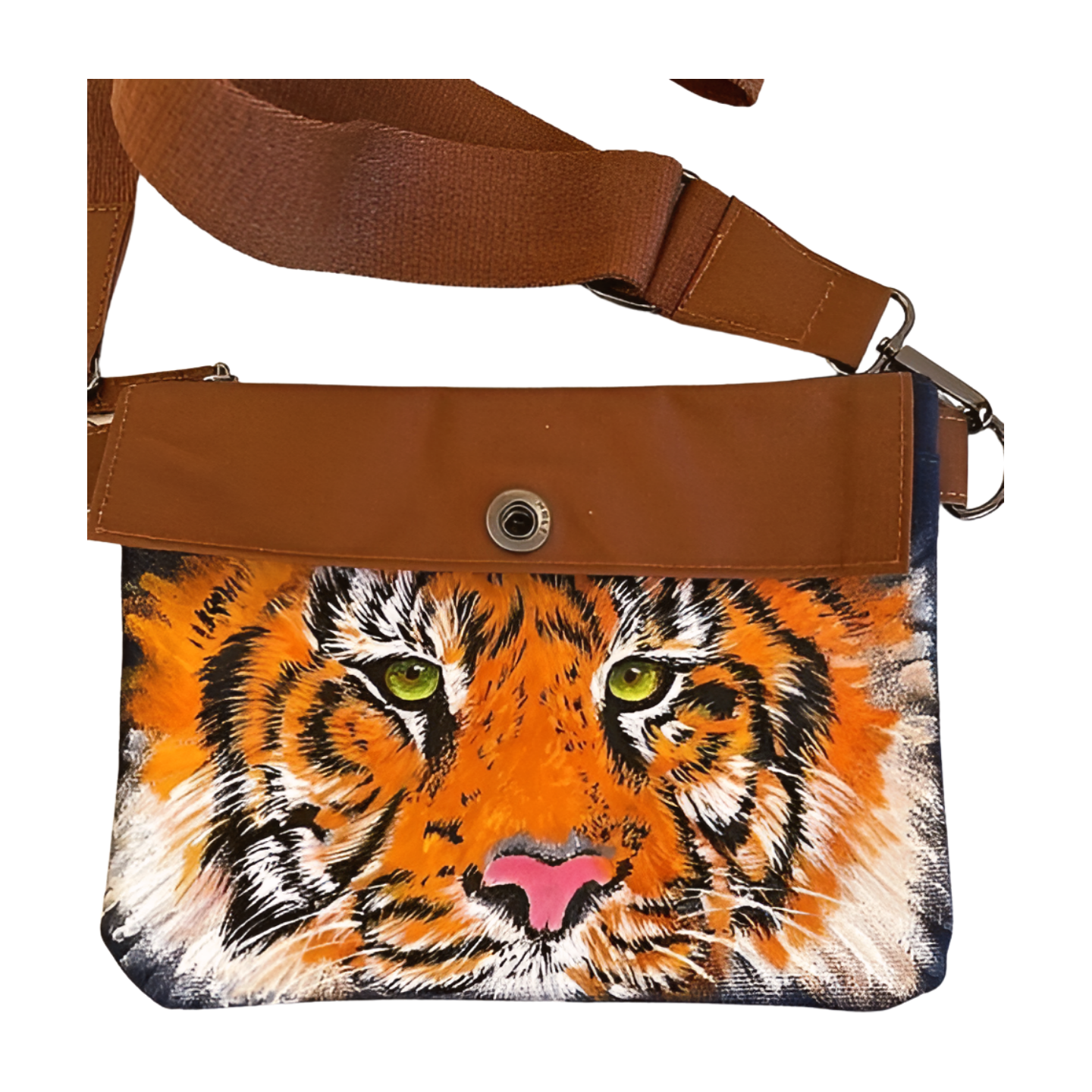 Sac à main bleu en coton ciré avec tigre peint à la main par Elles et No.