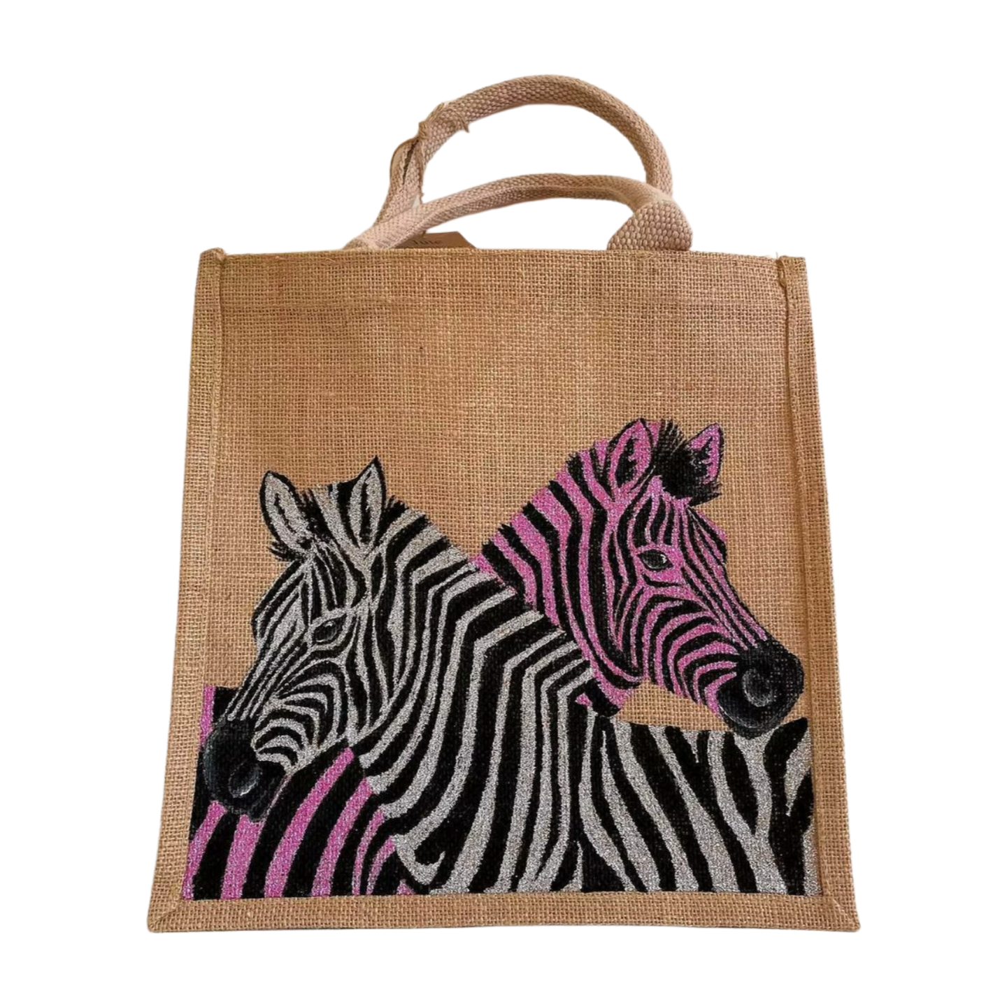 Sac en jute avec zèbres scintillants peints  à la main par Elles et No.