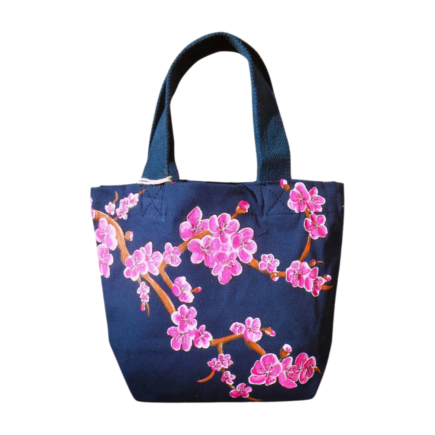 Petit sac en coton bio bleu marine avec fleurs de cerisiers peints à la main