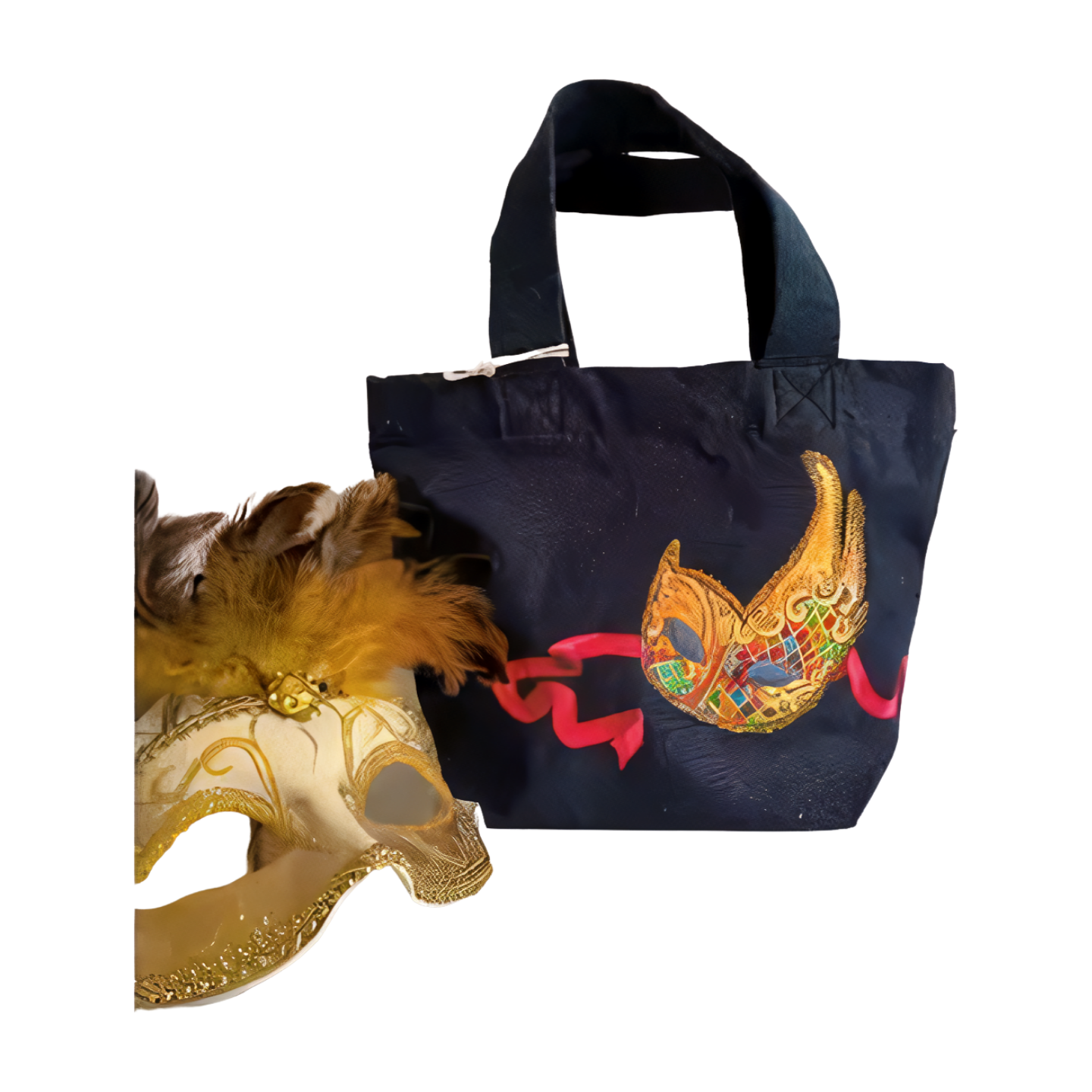 sac coton bleu marine avec masque vénitien peint à la main par Elles et No.