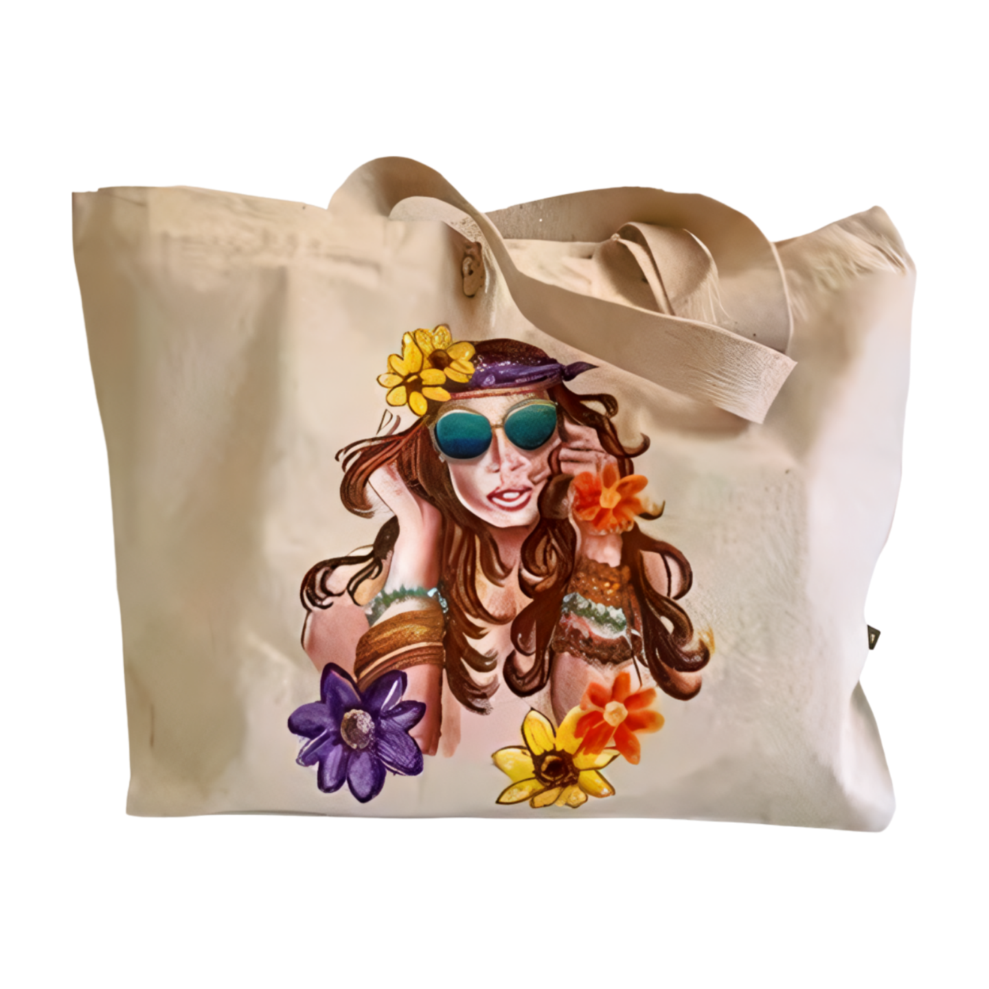 Sac coton bio avec fille hippie peinte à la main par Elles et No.
