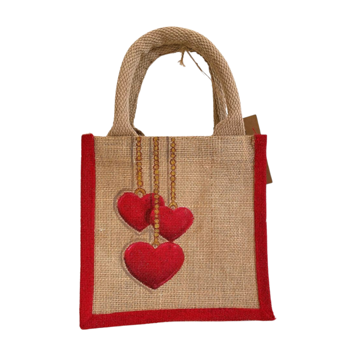Petit sac en jute avec des coeurs rouge accrochés par des chaines dorées, peints à la main par Elles et No.