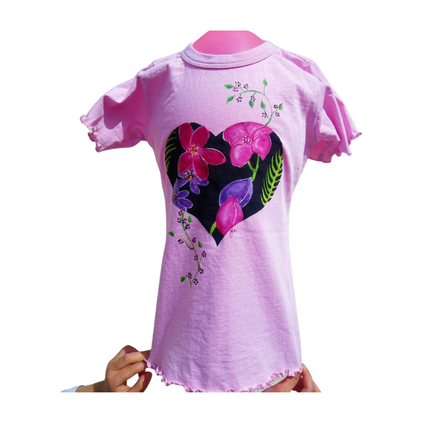 T-shirt fille rose avec coeur peint à la main par Elles et No.