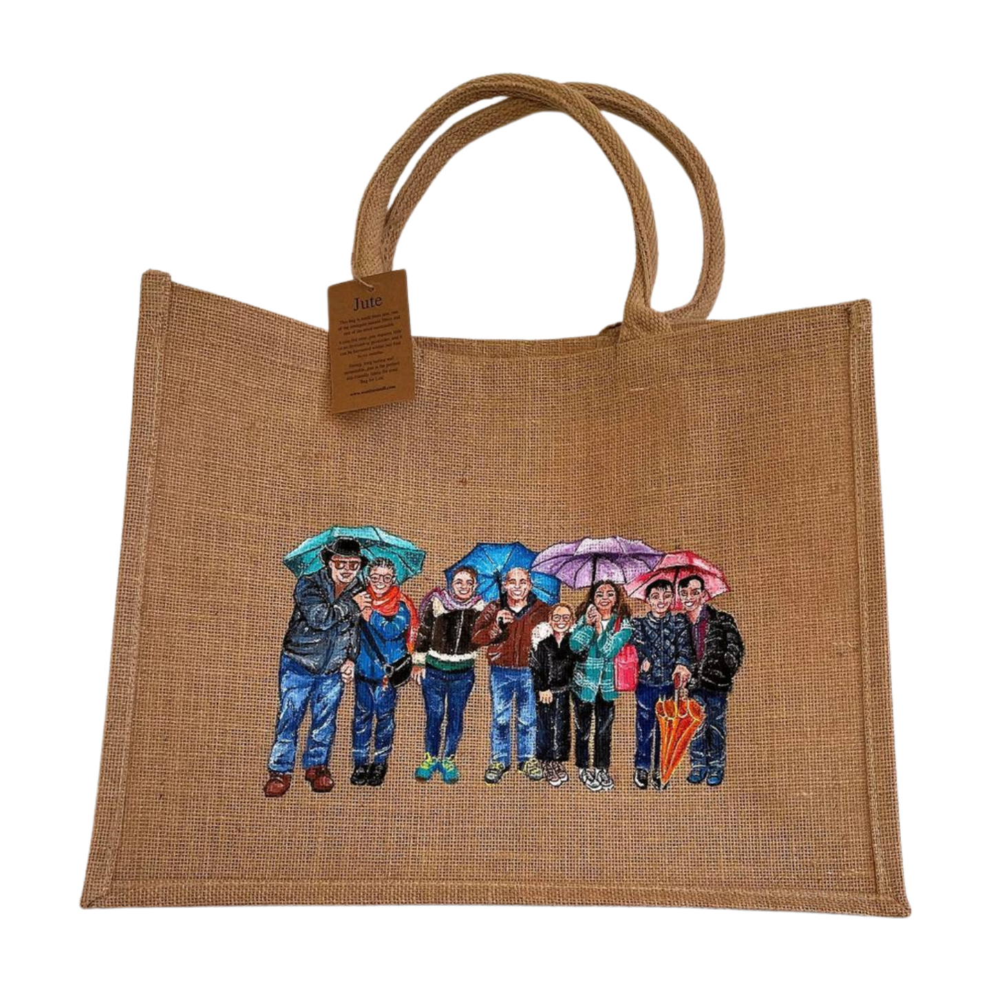 Sac en jute avec personnages peints à la main par Elles et No.