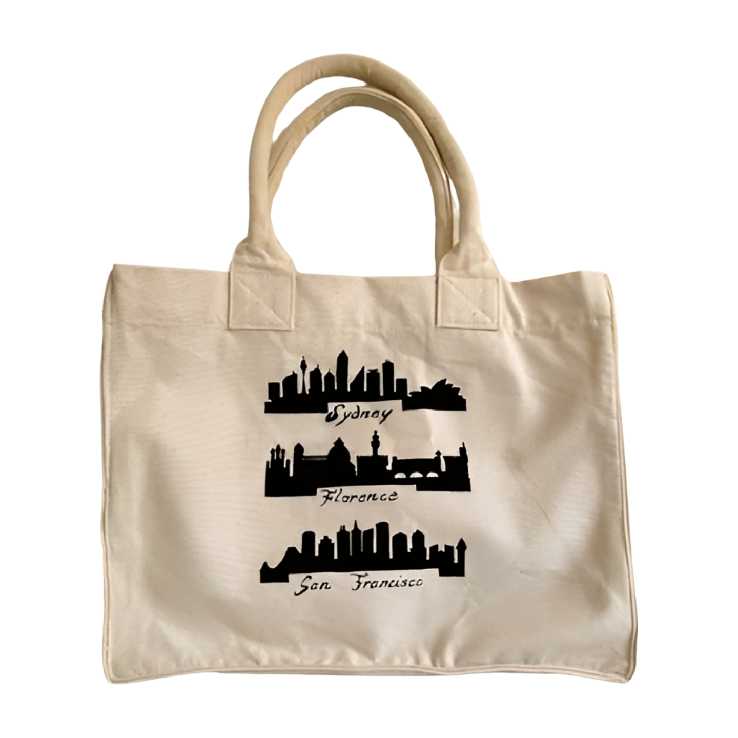 Tote bag sac à  main en coton beige bio avec skylines peintes à la main  par Elles et No.