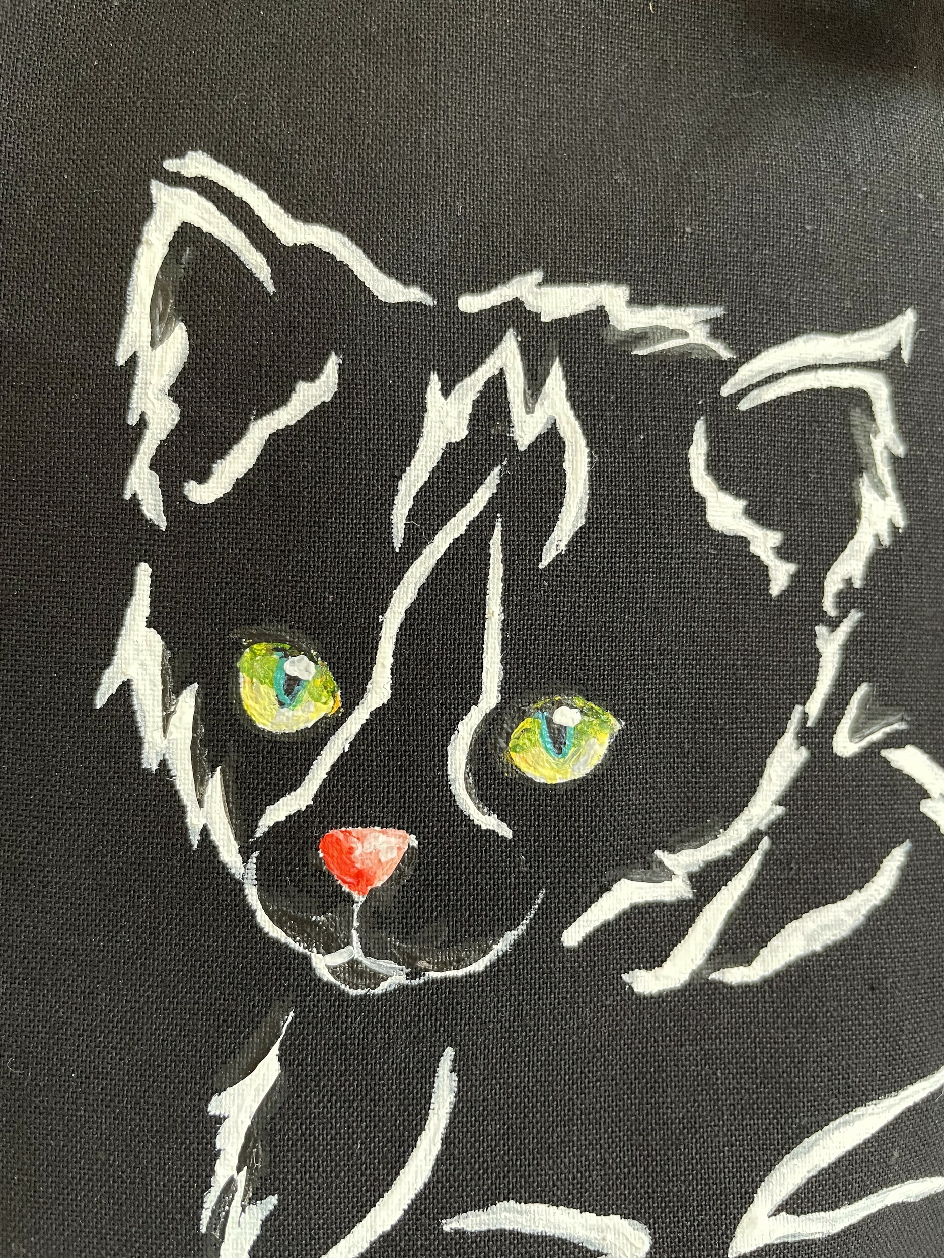 Tote bag noir avec chat peint à la main anses courtes par Elles et No.