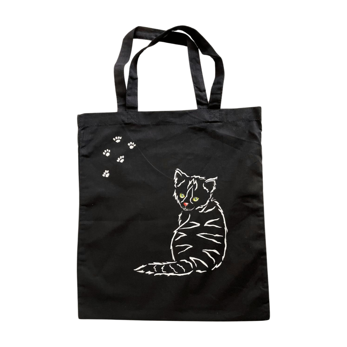 Tote bag noir avec chat peint à la main anses courtes par Elles et No.