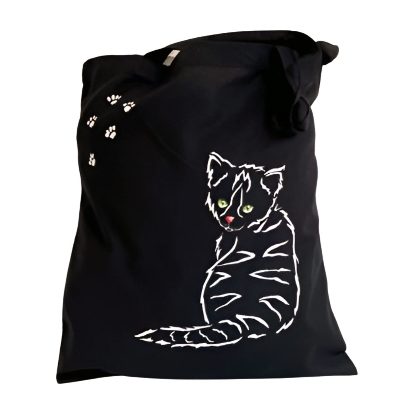 Tote bag noir avec chat peint à la main anses courtes par Elles et No.