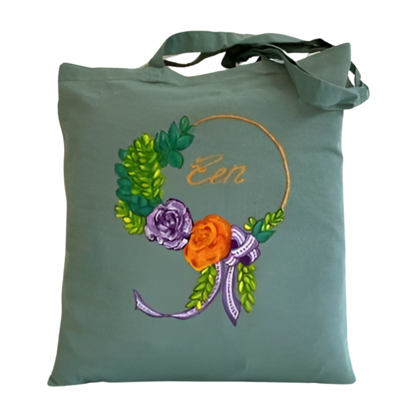 Tote  bag bleu zen avec fleurs peintes main  par Elles et No.