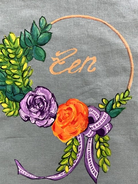 Tote  bag bleu zen avec fleurs peintes main  par Elles et No.