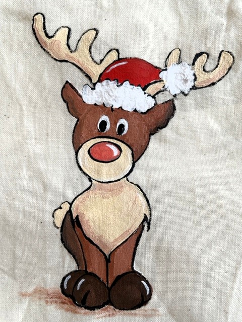 pochon beige renne mignon de Noël peint main par Elles et No.