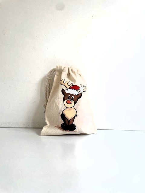 pochon beige renne mignon de Noël peint main par Elles et No.