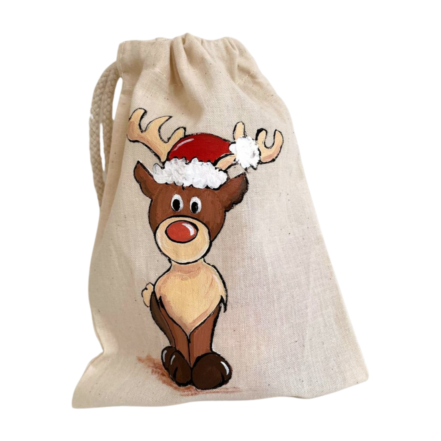 pochon beige renne mignon de Noël peint main par Elles et No.