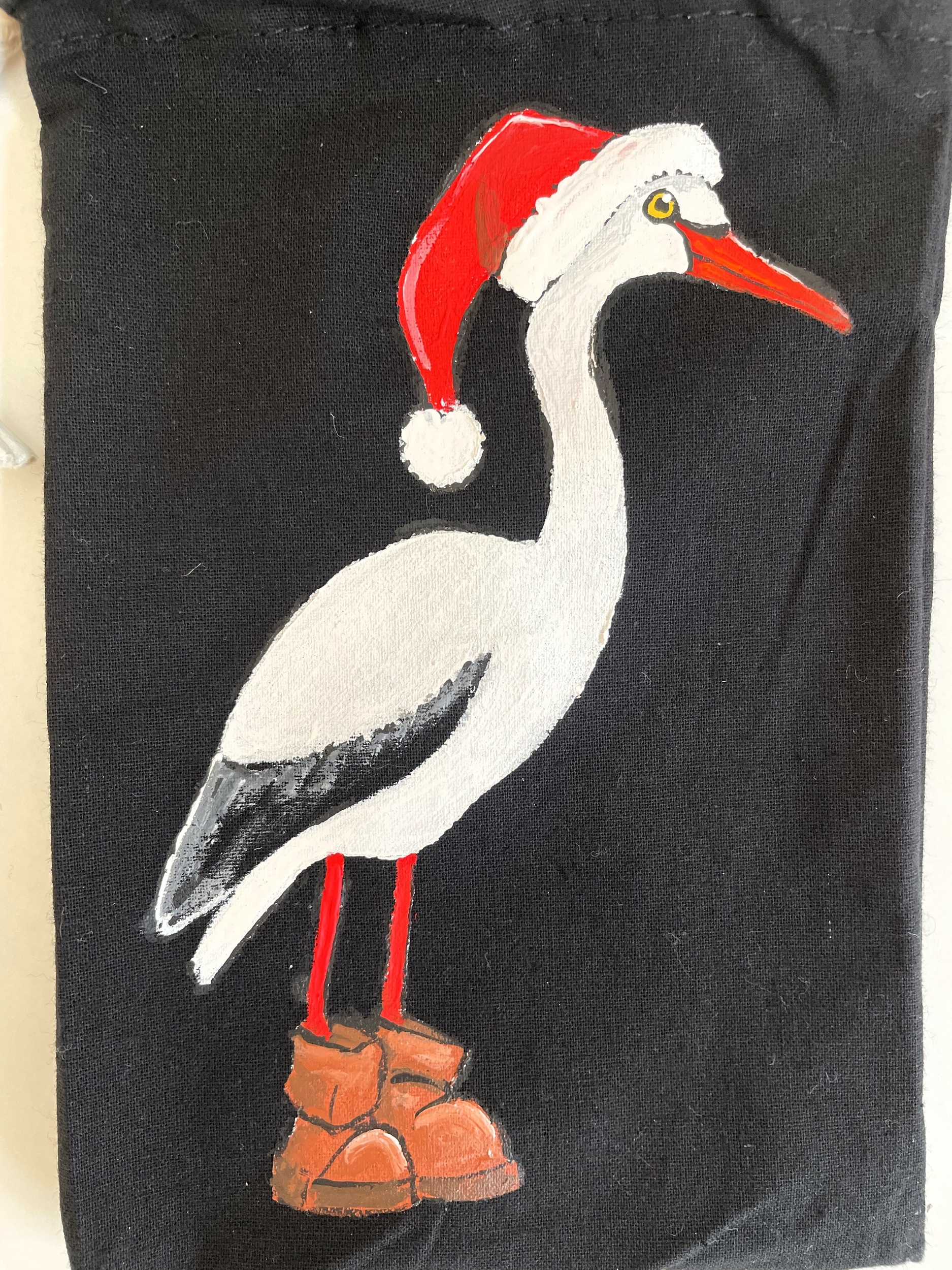 pochon noir cigogne de Noël peinte main  (5)