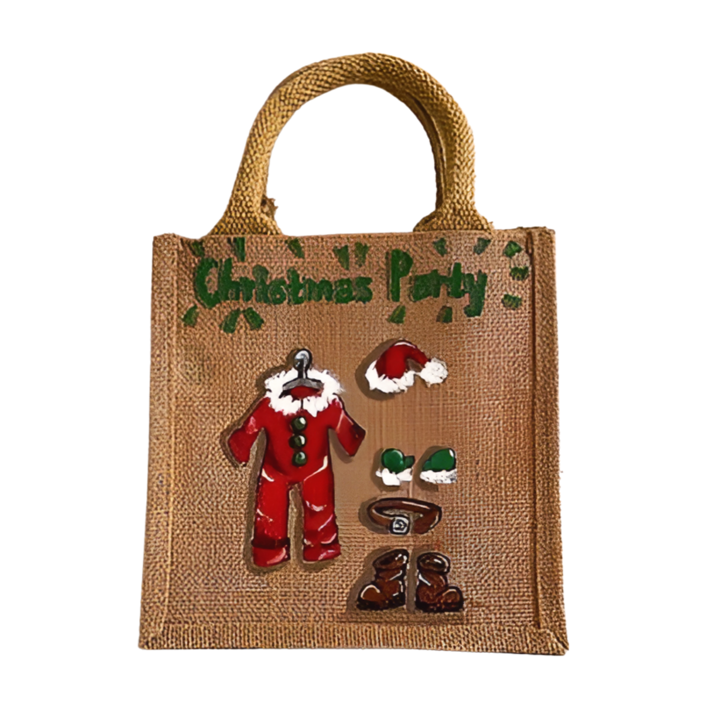 Petit sac jute avec les habits du Père Noël peints à la main par Elles et No.