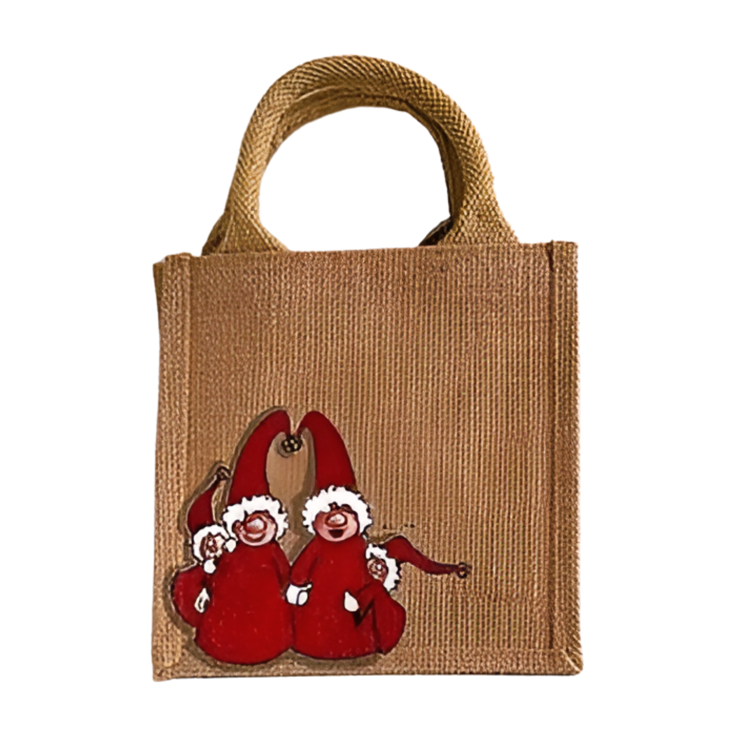 Petit sac jute avec lutins de Noël peints à la main par Elles et No.