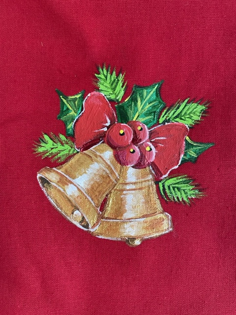 Pochon en coton rouge avec des cloches de Noël peintes à la main (5)