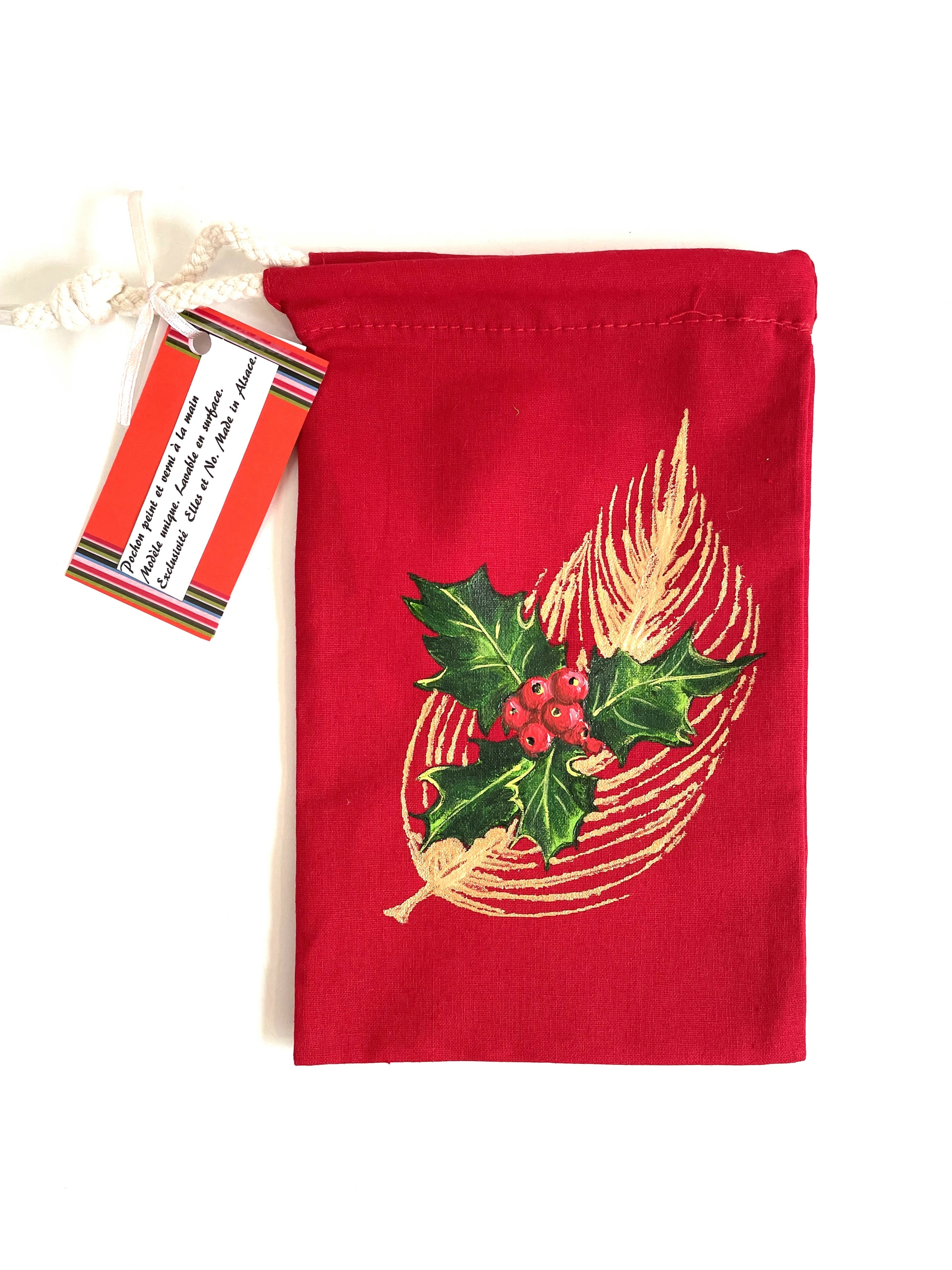 Pochon en coton avec houx et plume dor peints à la main  par Elles et No.