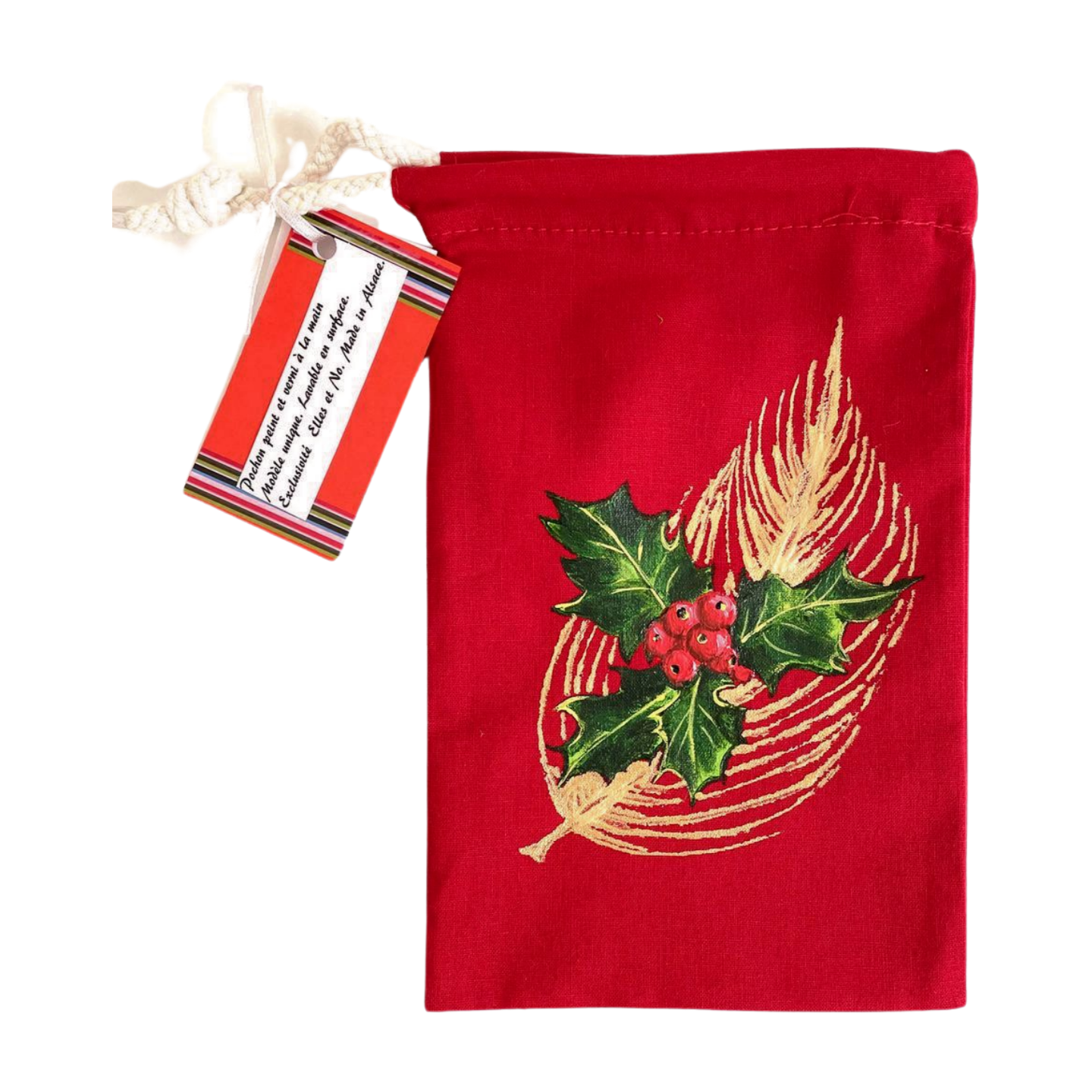 Pochon en coton avec houx et plume dor peints à la main  par Elles et No.