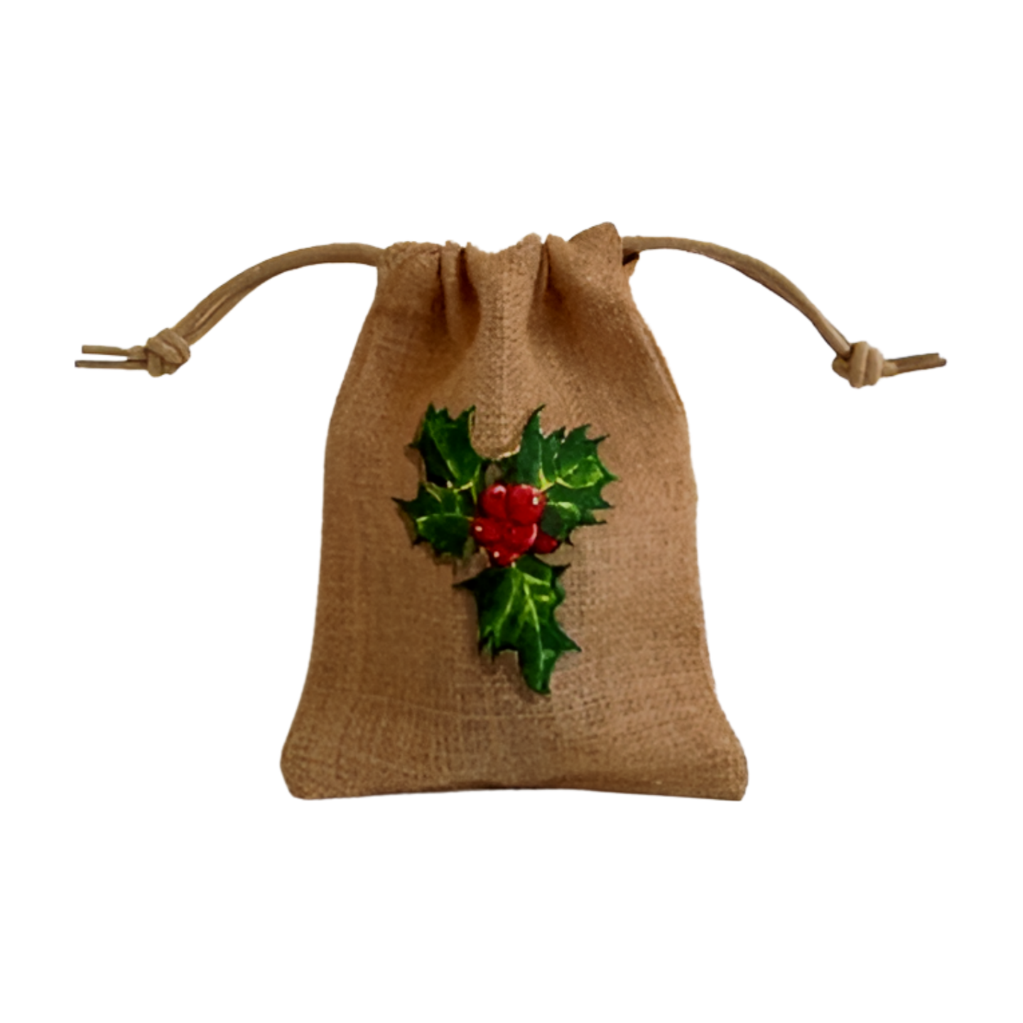 Pochon en jute avec du houx peint à la main par Elles et No.
