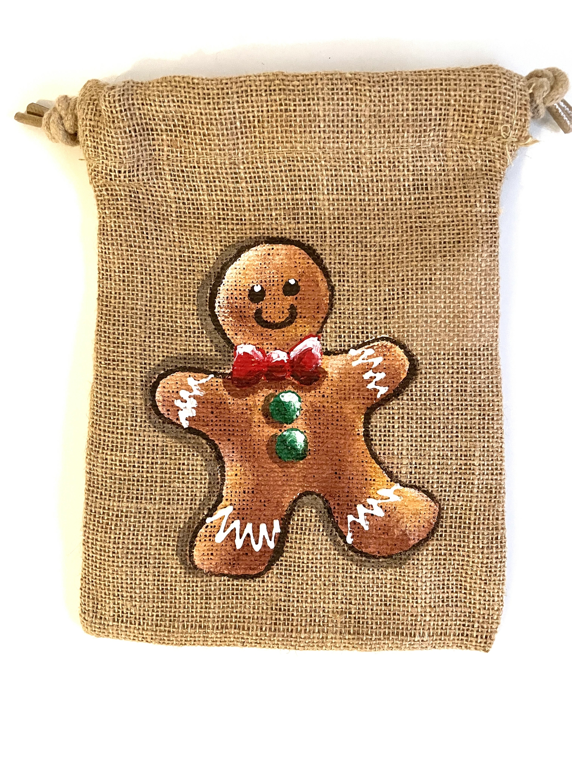 pochon jute avec bonhomme pain dépice peint main par Elles et No.