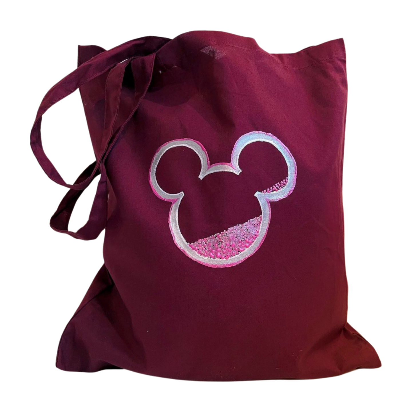 tote bag bordeaux avec tête de mickey Mouse peinte à la main par Elles et No.