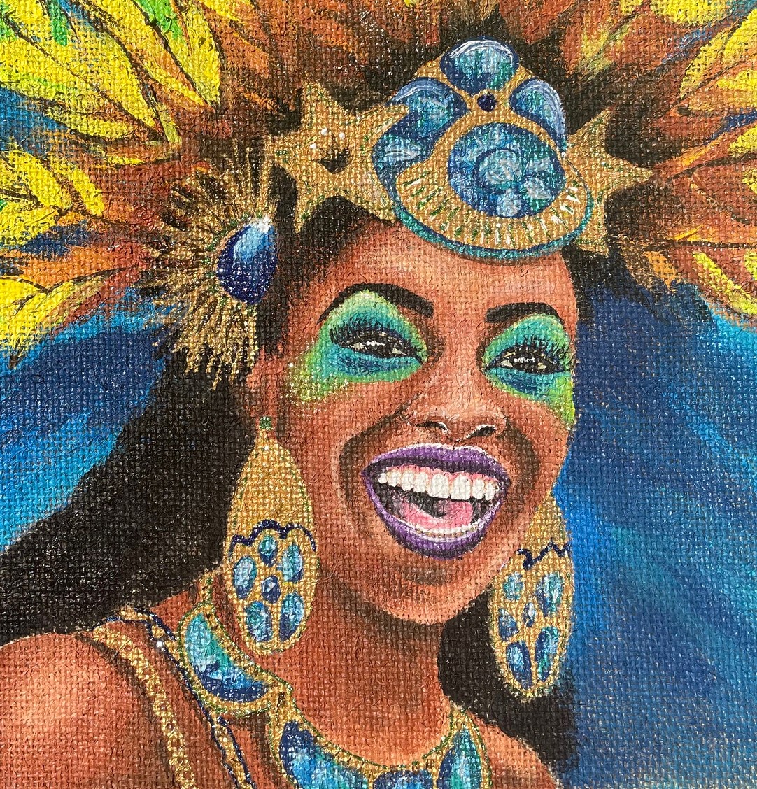 sac jute Xl avec portrait de brésilienne durant le carnaval, peint à la main (3)