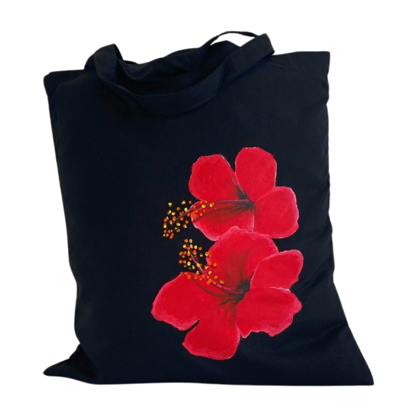 tote bag en coton noir avec deux hibiscus rouge peints à la main (1)