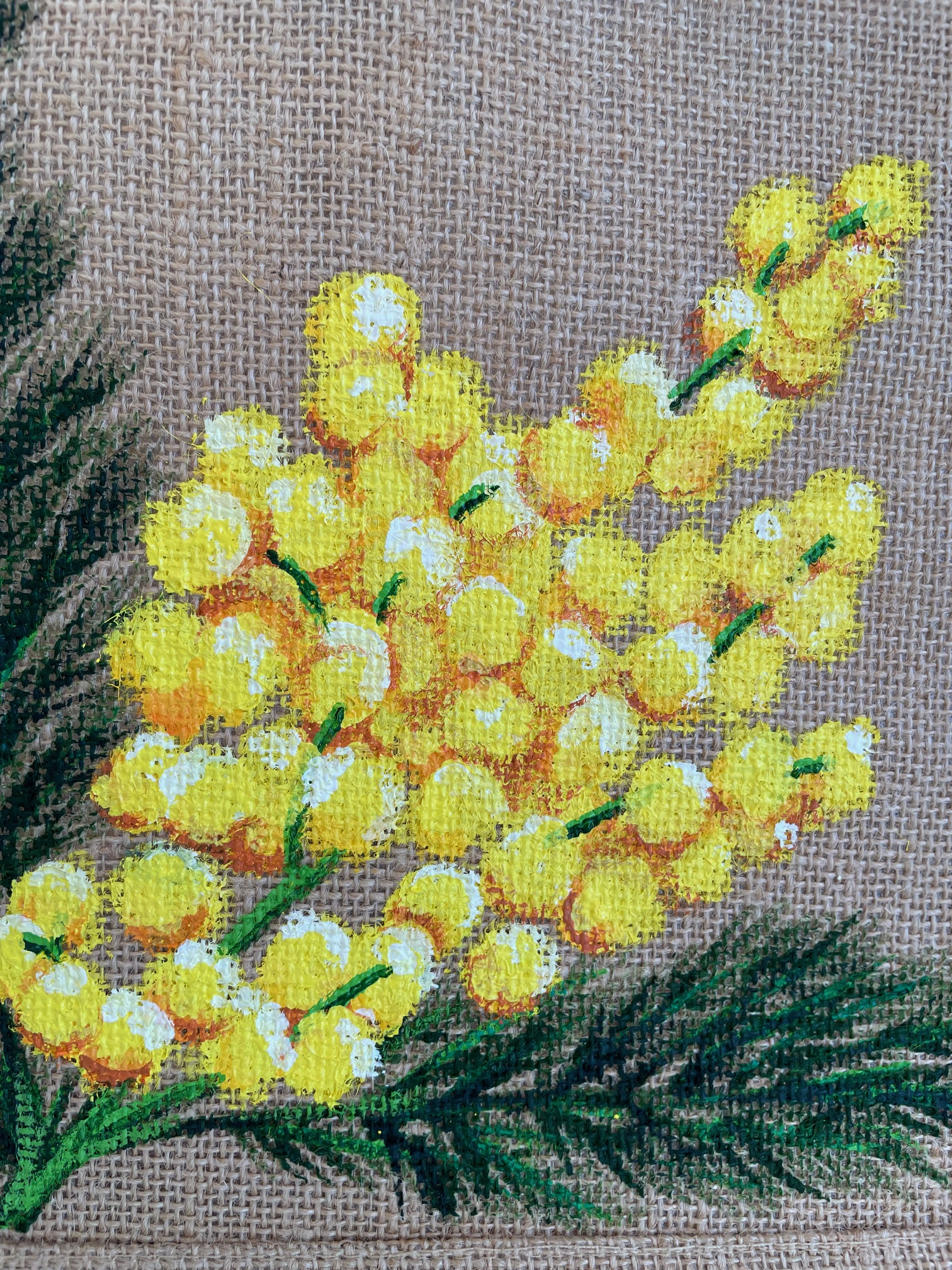 sac jute M avec des mimosas peints à la main par Elles et No.