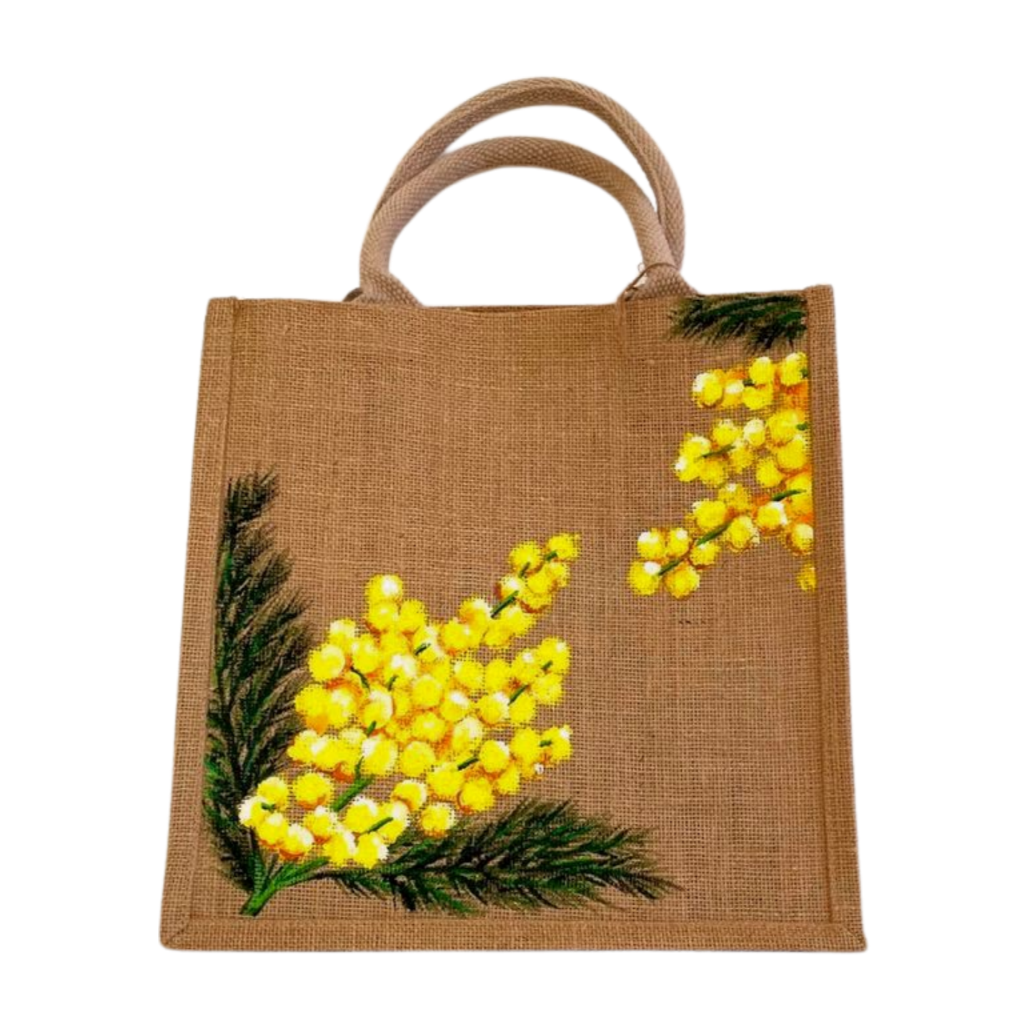sac jute M avec des mimosas peints à la main par Elles et No.
