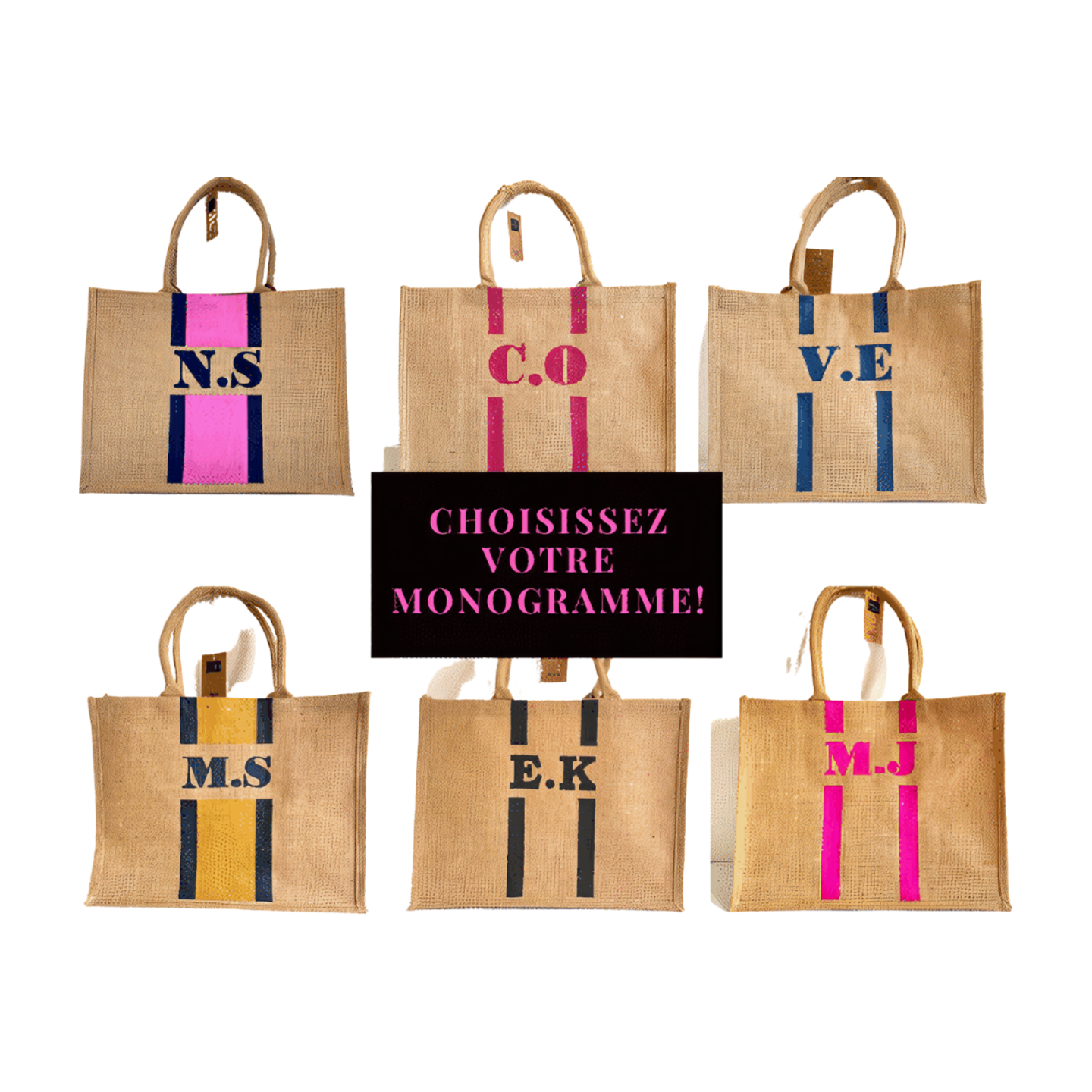 grand sac en jute à personnaliser avec un monogramme peint à la main par Elles et No.