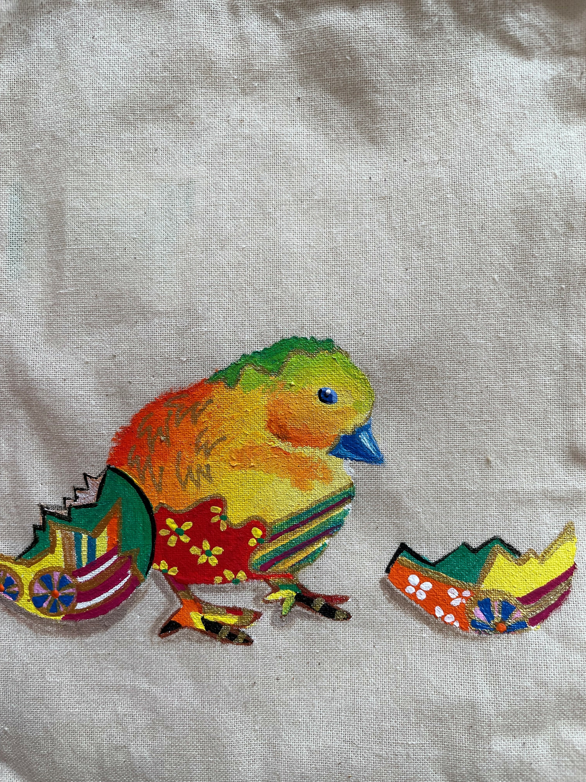 pochons paques avec un poussin style pop art très coloré peint à la main par Elles et No.