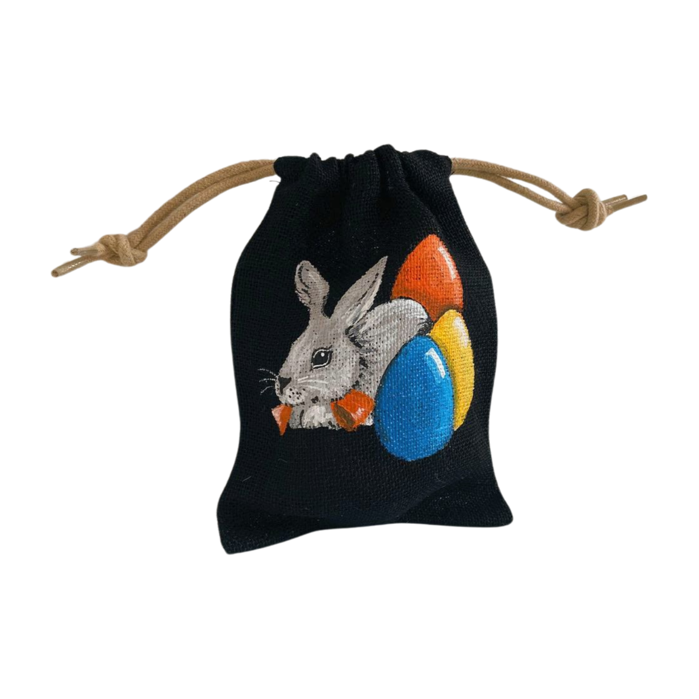 pochon en jute noire avec lapin et oeufs de Pâques peints à la main  par Elles et No.