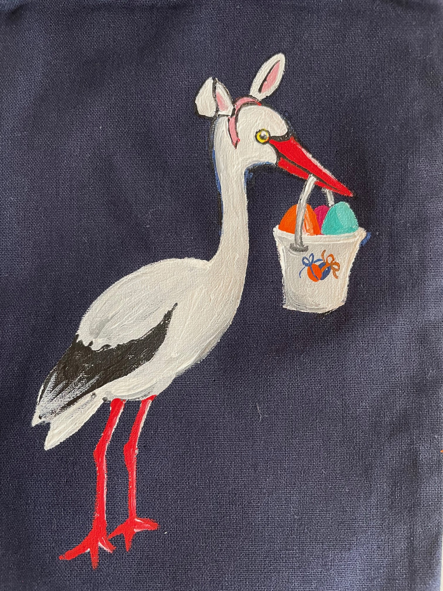 pochon de pâques avec une cigogne peinte à la main par Elles et No.
