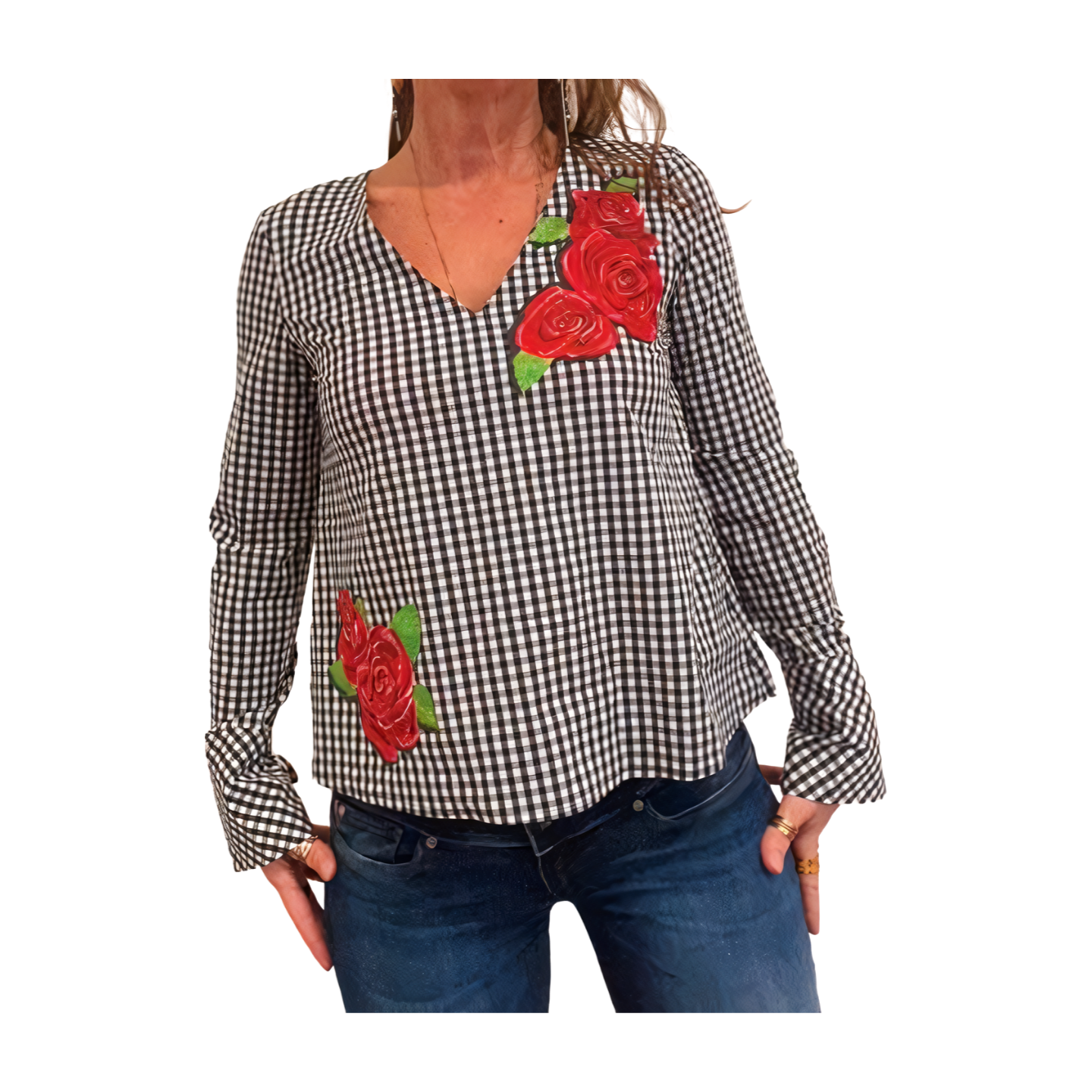 chemise pied-de-poule avec des roses peintes à la main par Elles et No.