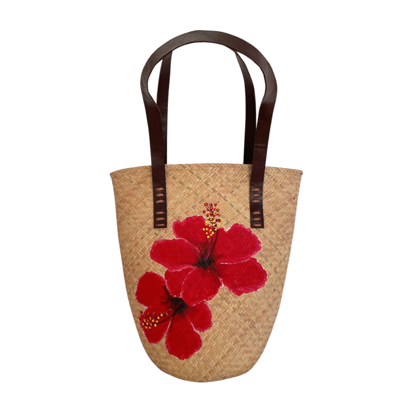 sac bambou tissé avec des hibiscus peints à la main (2)