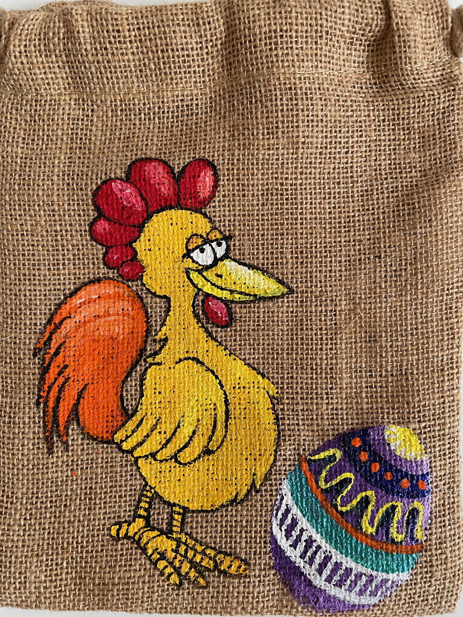 pochon jute avec une poule de pâques peinte main par Elles et No.