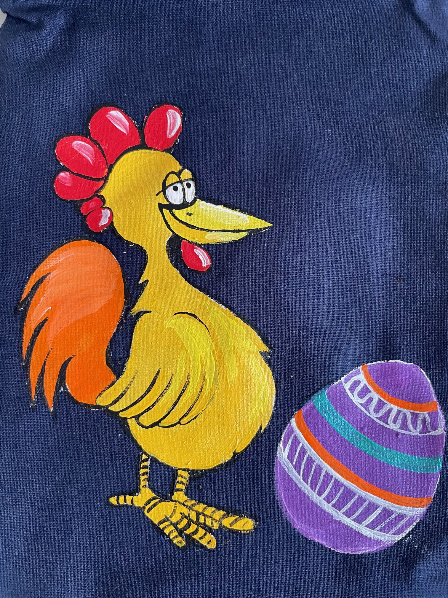 Pochon coton marine avec une poule de Pâques peinte main