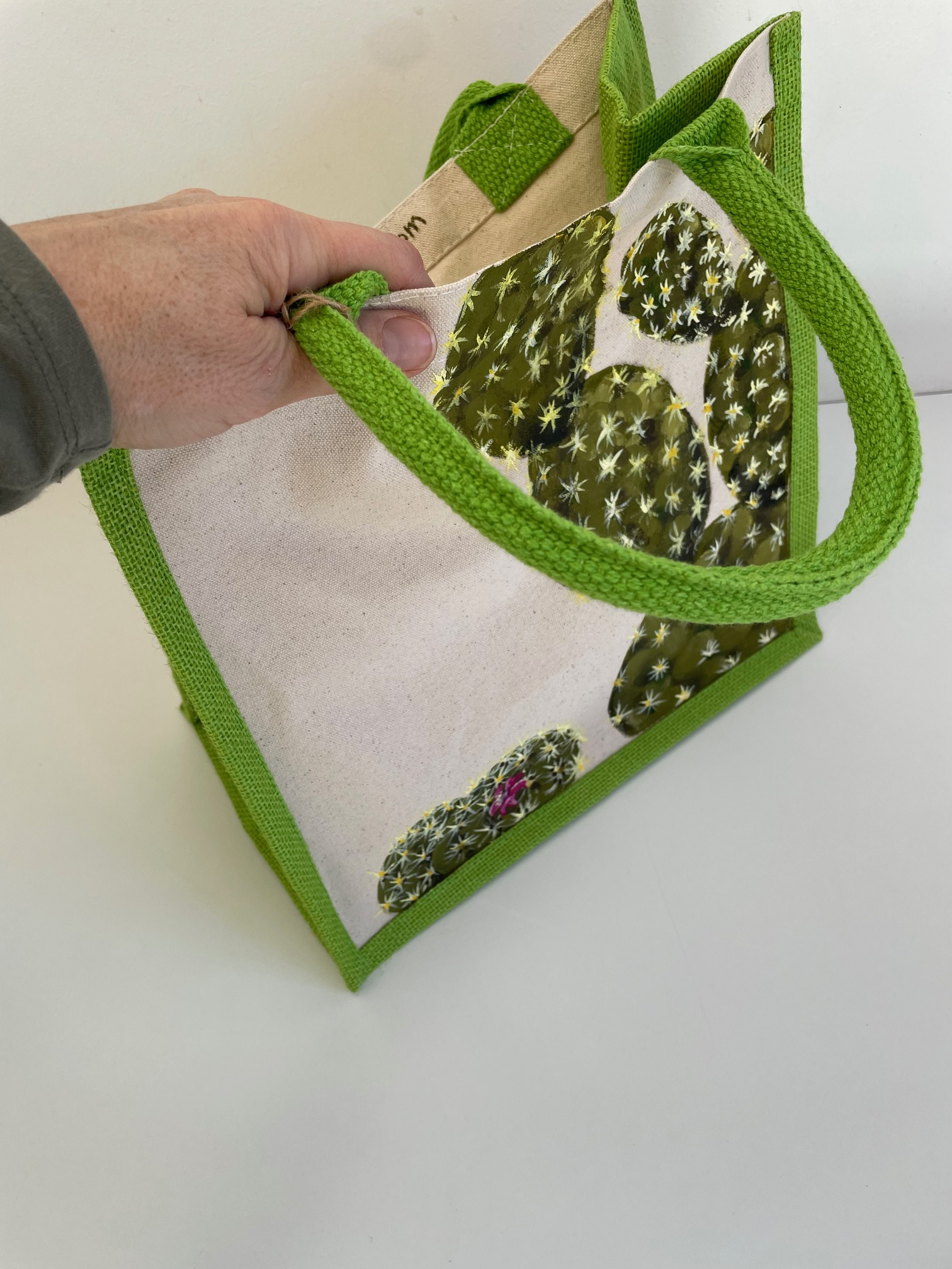 sac coton jute avec cactus peint à la main  par Elles et No.