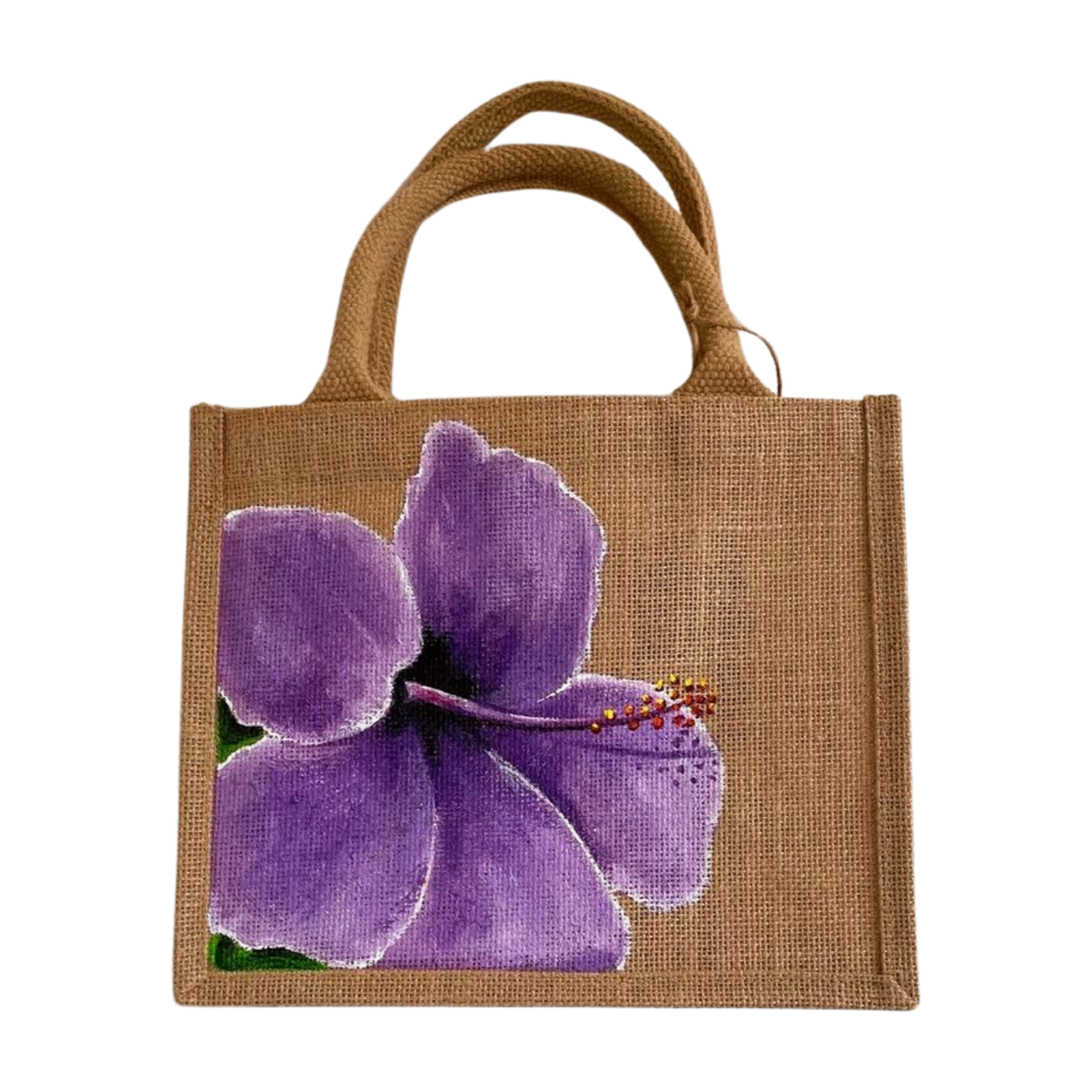 sac en jute avec gros hibiscus mauve peint à la main (4)