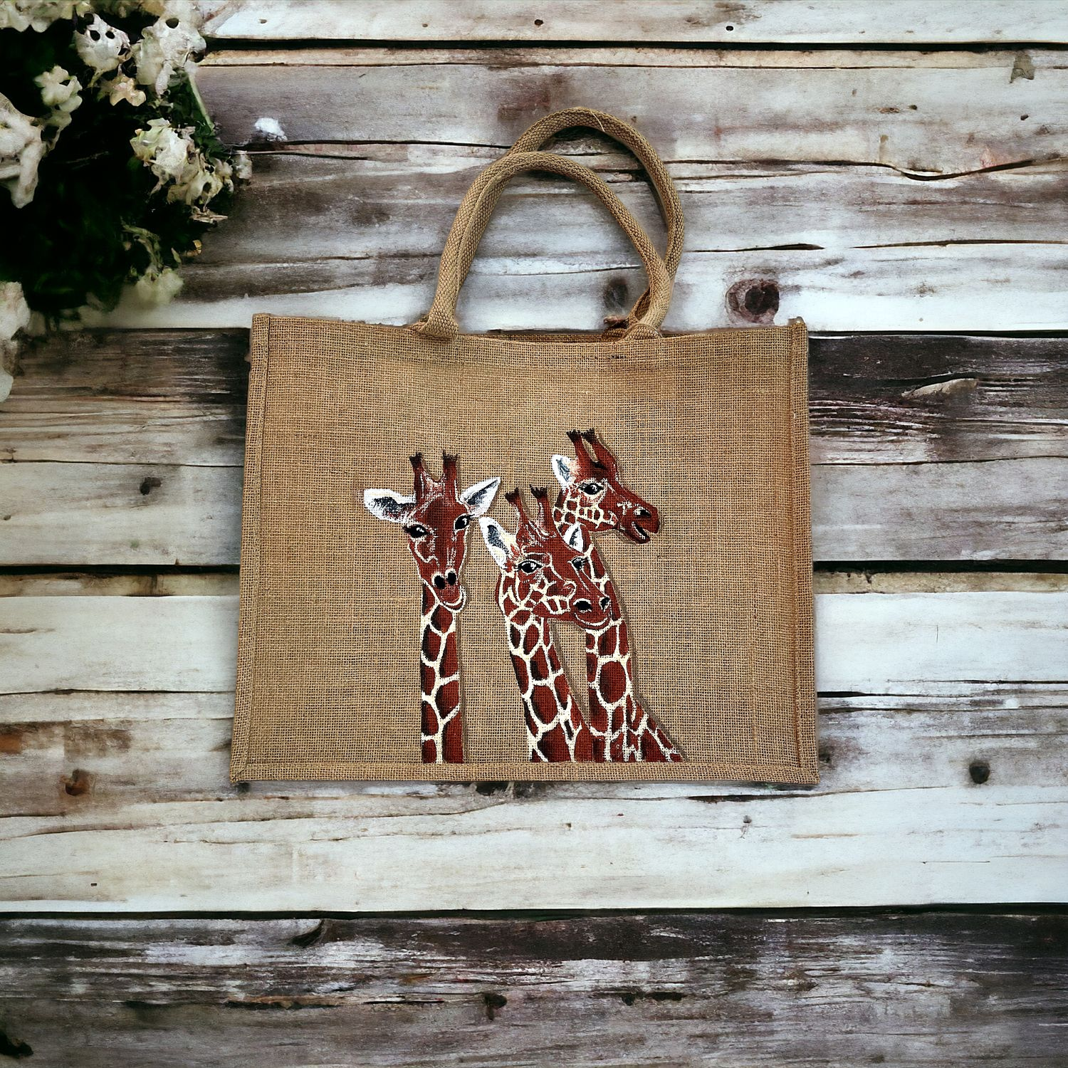 sac jute XL avec des girafes rigolotes peintes à la main par Elles et No.