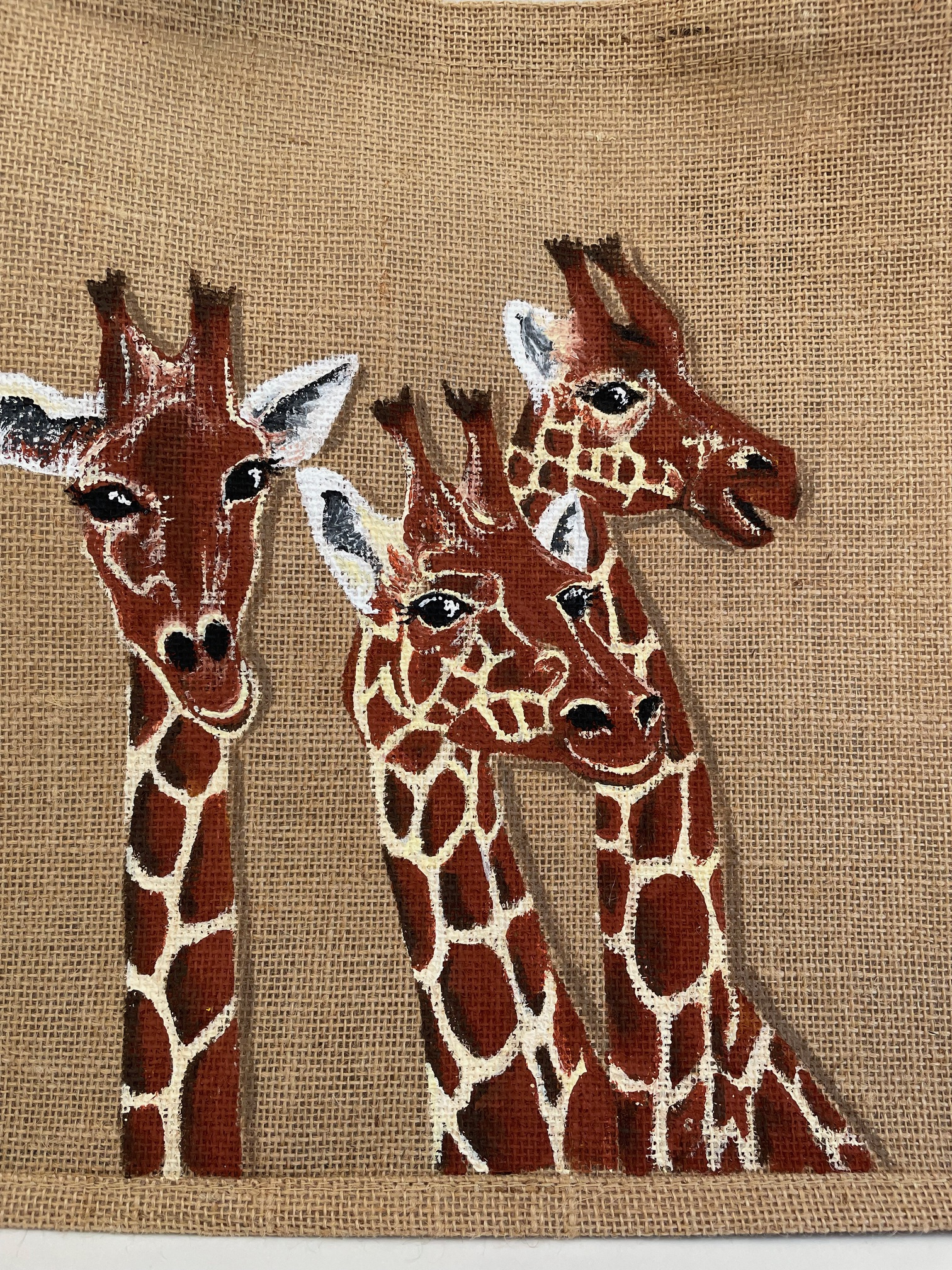sac jute XL avec des girafes rigolotes peintes à la main par Elles et No.