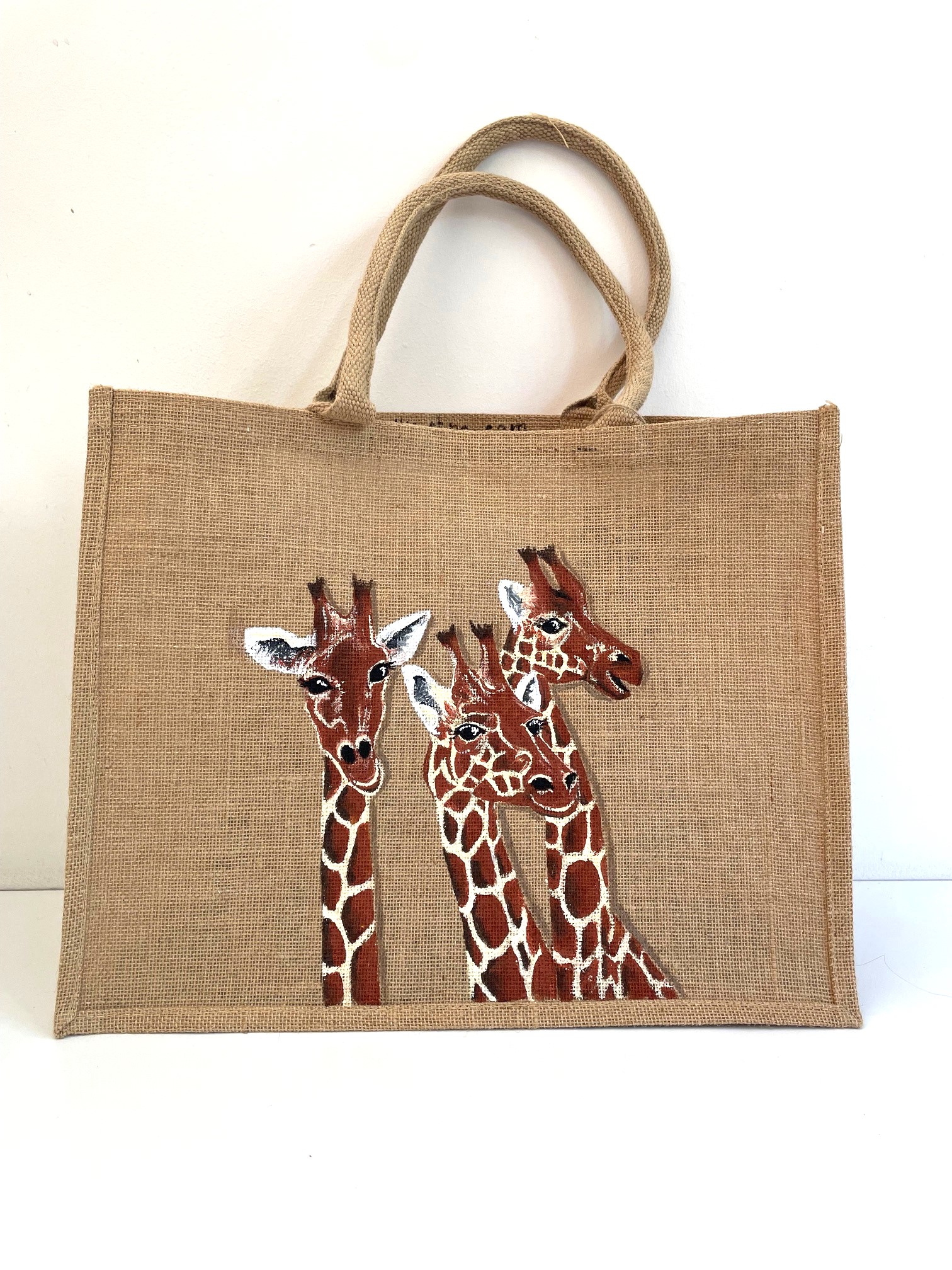 sac jute XL avec des girafes rigolotes peintes à la main par Elles et No.