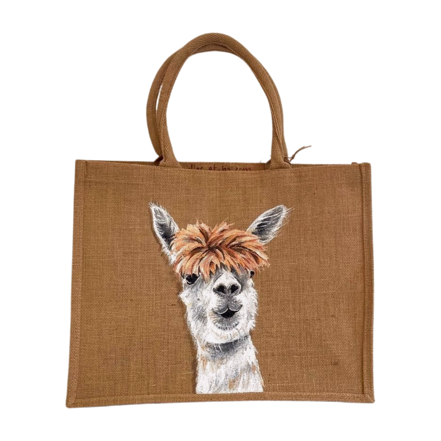 Sac en jute taille XL avec un lama rigolo peint à la main par Elles et No.